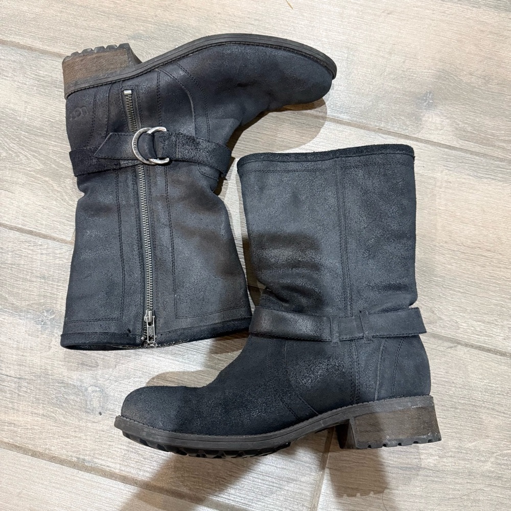 UGG Austrailia Silva Moto Buckle Black Leather Mid Calf Boots Side Zip Women 10
